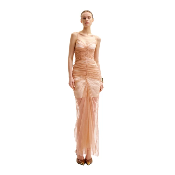 Piper Draped Mesh Evening Gown in Cinnamon
