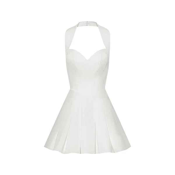 Pleated Bustier Halter Mini Dress in White