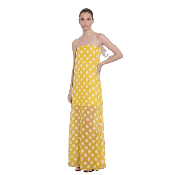 Polka-Dot Strapless Maxi Dress in Yellow
