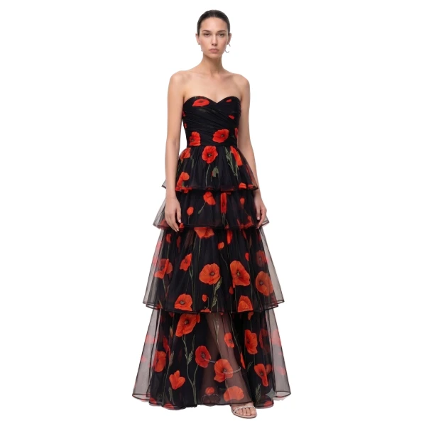 Printed Corn Poppy Tiered Tulle Strapless Maxi Dress in Black