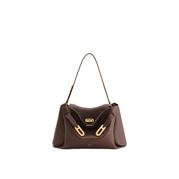 JW PEI Rhea Pebbled Double Buckle Shoulder Bag in Dark Brown