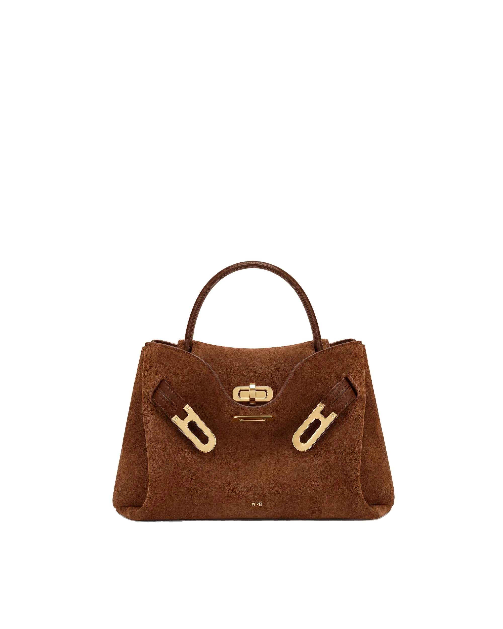 JW PEI Rhea Small Faux Suede Double Buckle Shoulder Bag in Caramel Brown | Mini Bags | Coveti JW PEI Rhea Small Faux Suede Double Buckle Shoulder Bag in Caramel Brown
