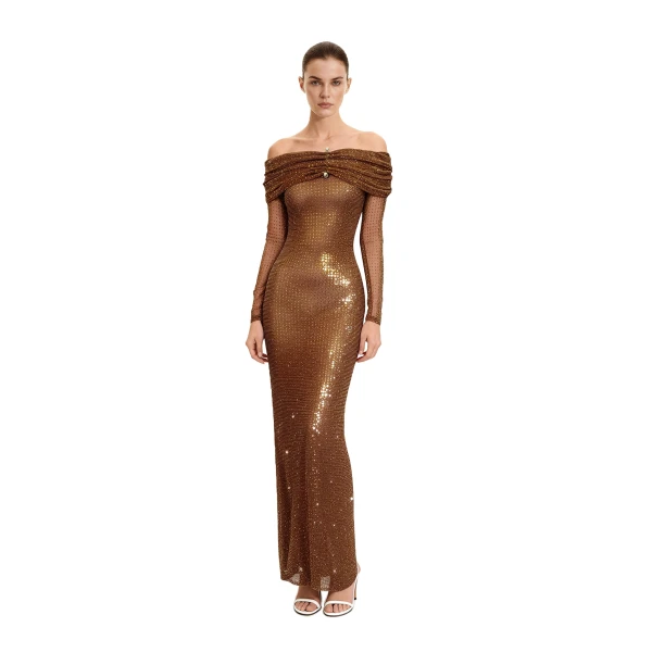 Rhinestone Mesh Off-Shoulder Maxi Dress in Brown