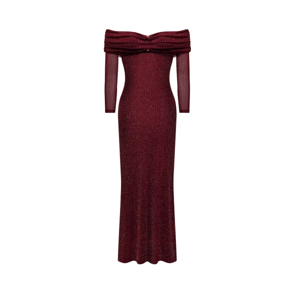 Rhinestone Mesh Off-Shoulder Maxi Dress in Claret