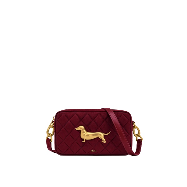 JW PEI Riley Faux Suede Dachshund Quilted Shoulder Bag in Burgundy