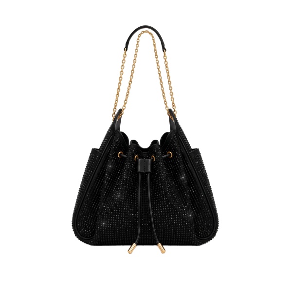 JW PEI Rowan Artificial Crystal Ruched Drawstring Chain Bucket Bag in Obsidian