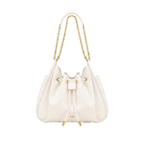 JW PEI Rowan Faux Ostrich Grain Ruched Drawstring Chain Bucket Bag in Cream White