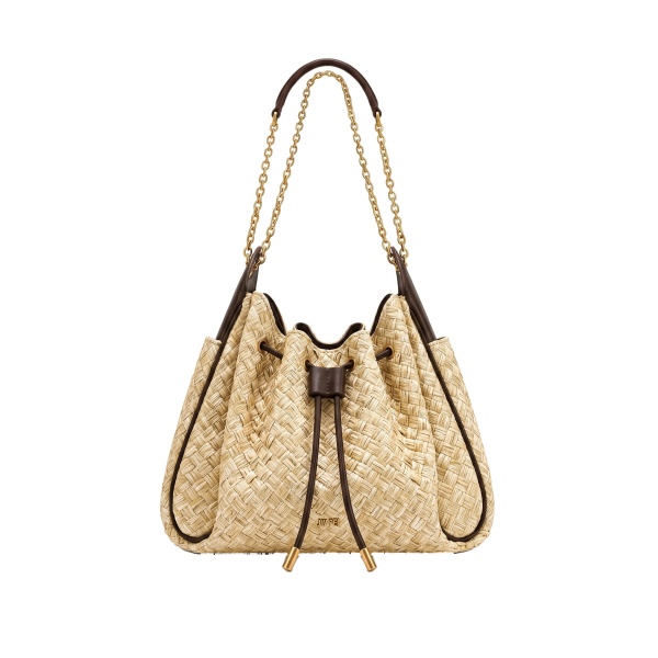 JW PEI Rowan Faux Straw Ruched Drawstring Chain Bucket Bag in Brown