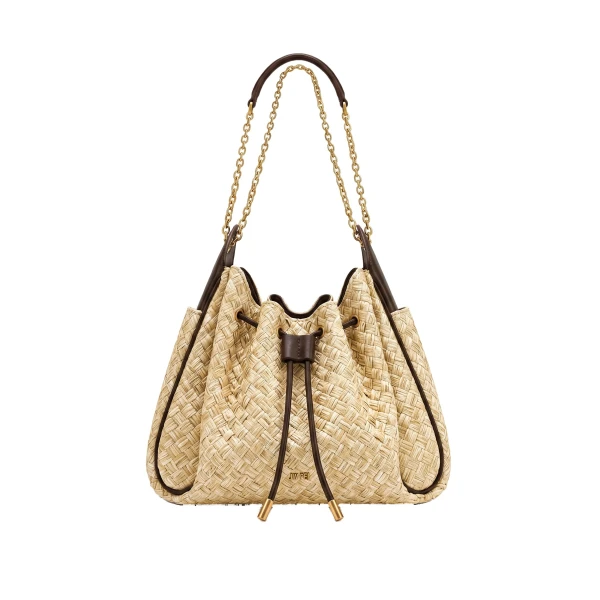 Rowan Faux Straw Ruched Drawstring Chain Bucket Bag in Brown