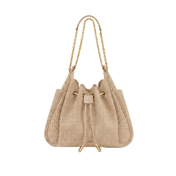 Rowan Faux Suede Drawstring Chain Bucket Bag in Camel Croc