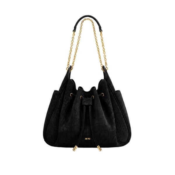 Rowan Faux Suede Drawstring Chain Bucket Bag in Cool Black Croc