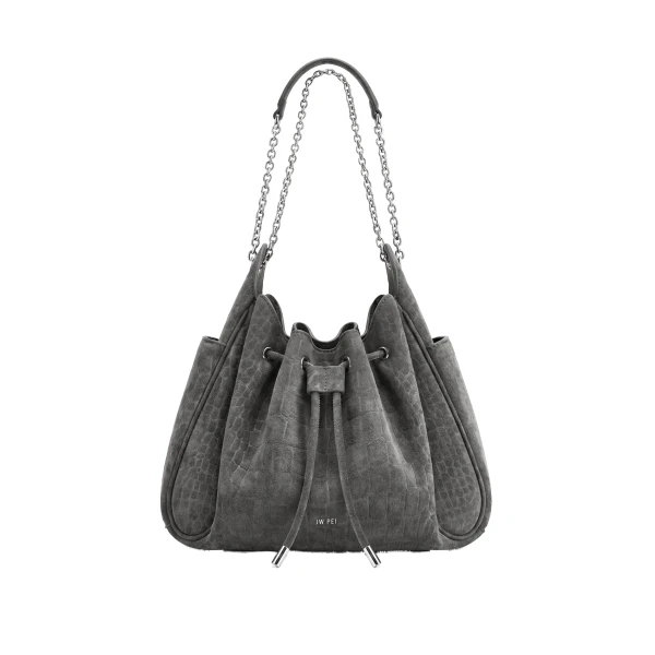 Rowan Faux Suede Drawstring Chain Bucket Bag in Smog Gray Croc