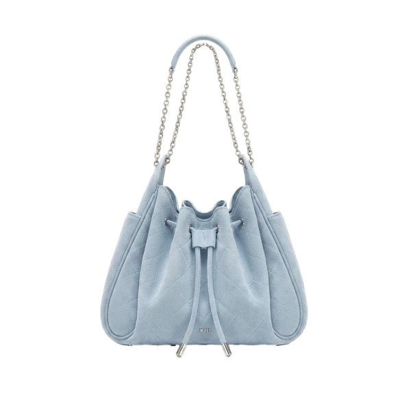 Rowan Faux Suede Quilted Chain Bucket Bag in Blue