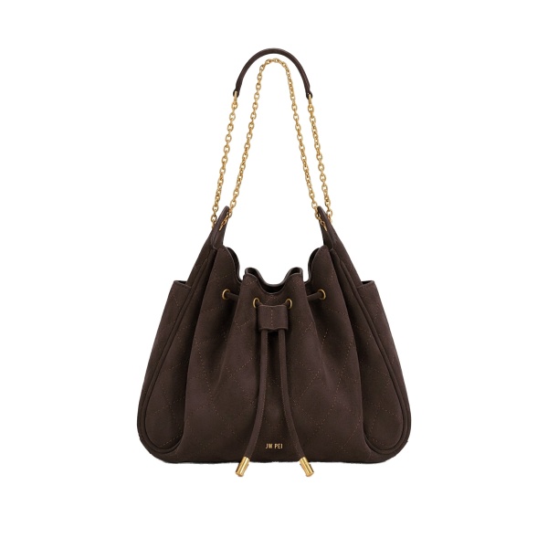 JW PEI Rowan Faux Suede Quilted Chain Bucket Bag in Dark Brown