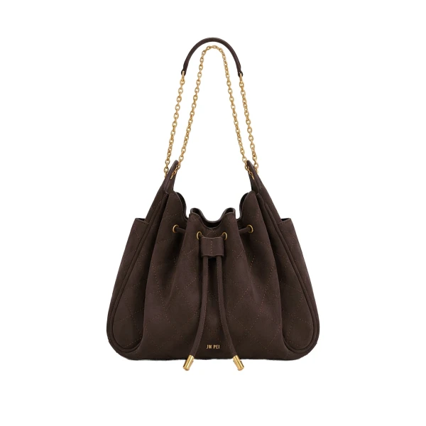 Rowan Faux Suede Quilted Chain Bucket Bag in Dark Brown
