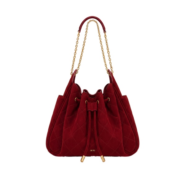 JW PEI Rowan Faux Suede Quilted Chain Bucket Bag in Dark Red