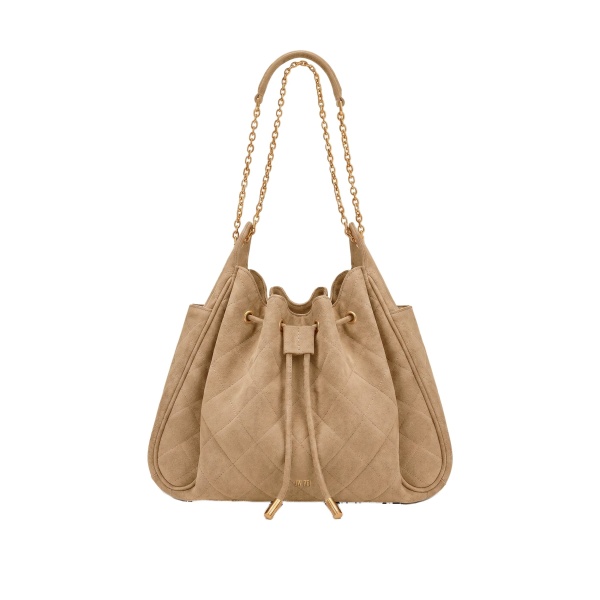 JW PEI Rowan Faux Suede Quilting Ruched Drawstring Chain Bucket Bag in Coconut Brown