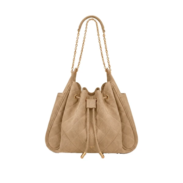 Rowan Faux Suede Quilting Ruched Drawstring Chain Bucket Bag in Coconut Brown
