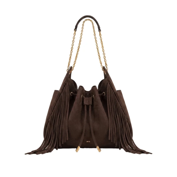 Rowan Faux Suede Tassel Ruched Drawstring Chain Bucket Bag in Amber Brown