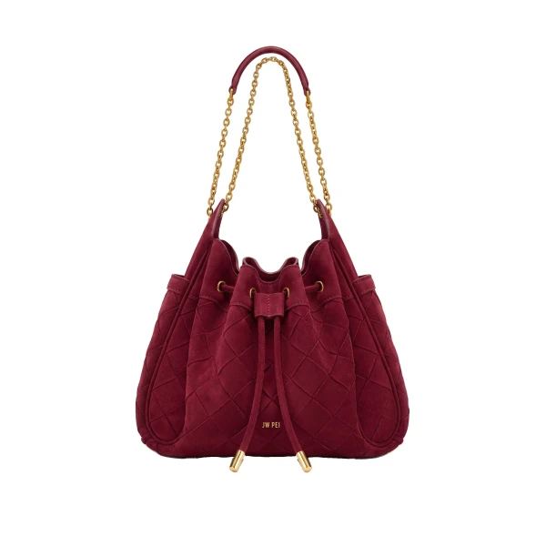 Rowan Faux Suede Weaving Ruched Drawstring Chain Bucket Bag in Dark Cherry