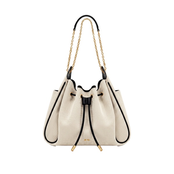 JW PEI Rowan Ruched Drawstring Chain Bucket Bag in Black Canvas