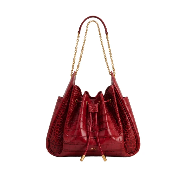 Rowan Ruched Drawstring Chain Bucket Bag in Dark Red Croc