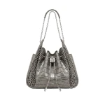 JW PEI Rowan Ruched Drawstring Chain Bucket Bag in Grey Croc