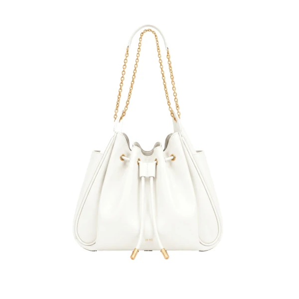 Rowan Ruched Drawstring Chain Bucket Bag in Ivory
