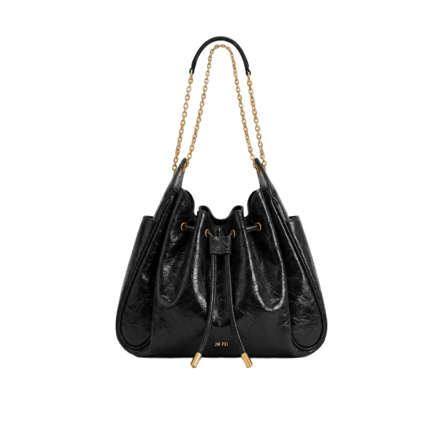 Rowan Ruched Drawstring Chain Bucket Bag in Jet Black