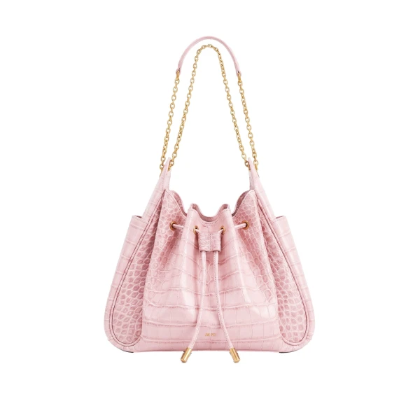 Rowan Ruched Drawstring Chain Bucket Bag in Pink Croc