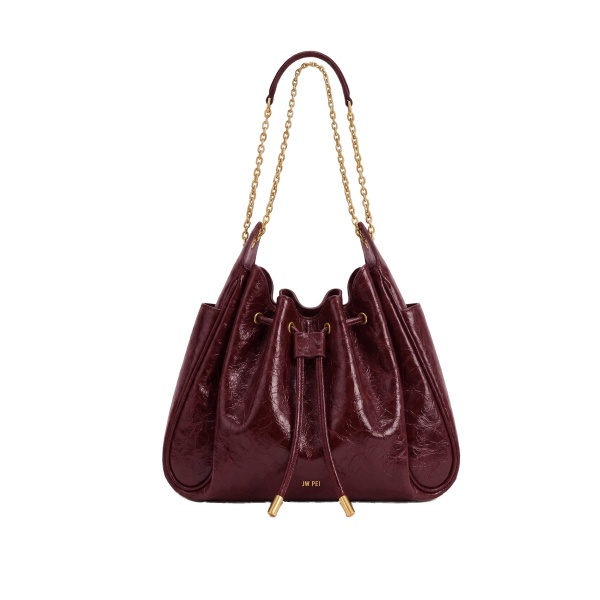 JW PEI Rowan Ruched Drawstring Chain Bucket Bag in Vermilion Red