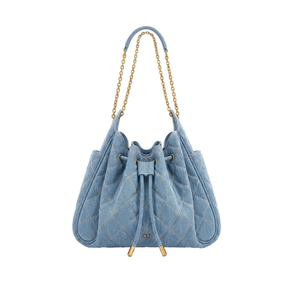 Rowan Ruched Quilting Drawstring Chain Bucket Bag in Blue Denim