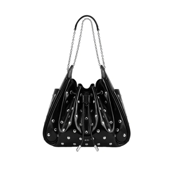 Rowan Studded Ruched Drawstring Chain Bucket Bag in Shiny Black