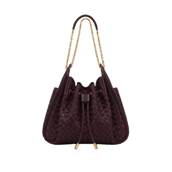 Rowan Weaving Ruched Drawstring Chain Bucket Bag in Dark Cherry