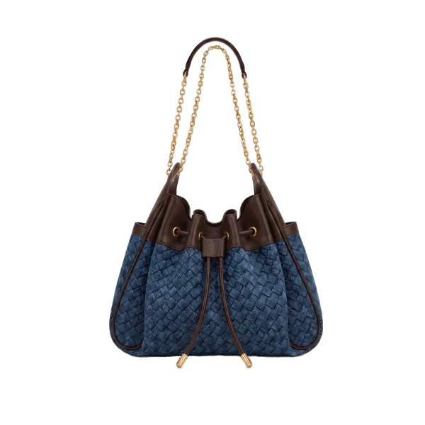Rowan Weaving Ruched Drawstring Chain Bucket Bag in Sea Blue Denim