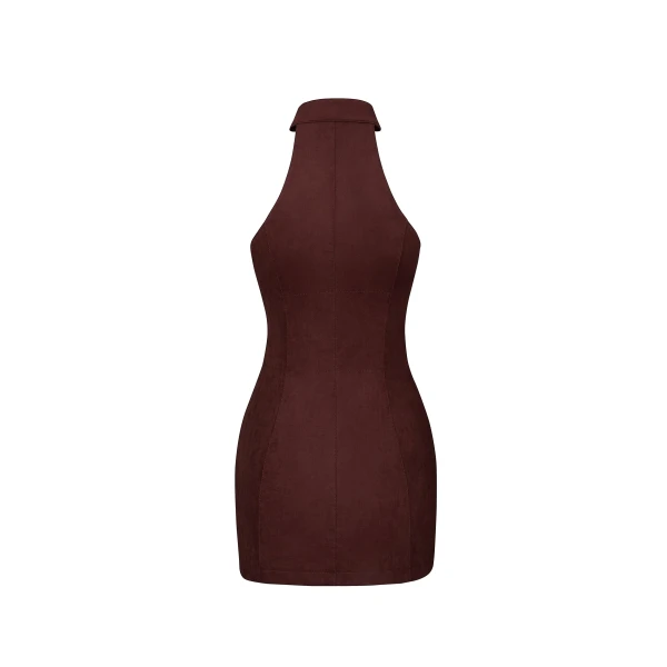 Ruby Halter Neck Zipper Mini Dress in Coffee Red