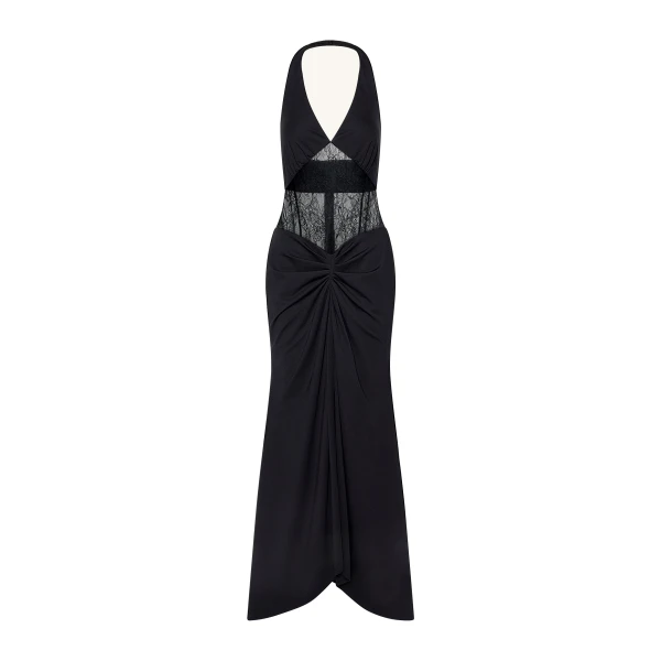 Ruched Lace Panel Maxi Dress in Black