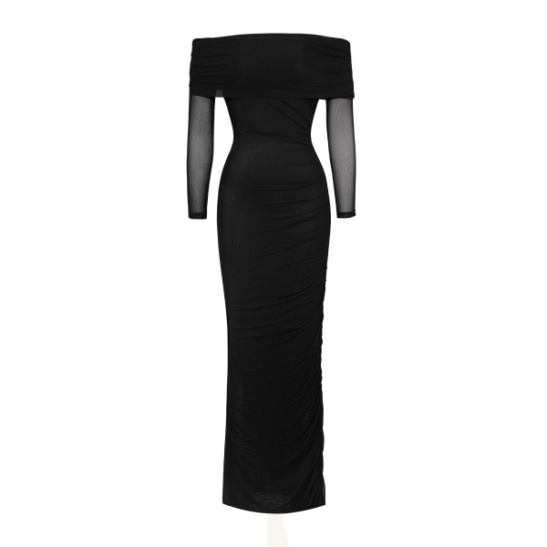 JW PEI Ruched Off-Shoulder Mesh-Sleeve Mermaid Maxi Dress
