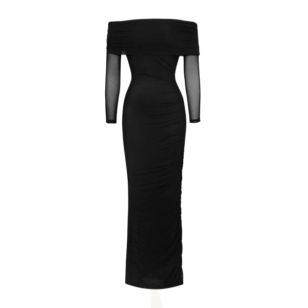 Ruched Off-Shoulder Mesh-Sleeve Mermaid Maxi Dress in Black