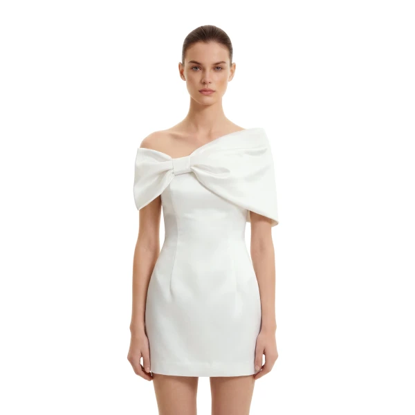 Satin Asymmetric Bow Mini Dress in White