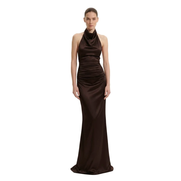 Satin Cowl Neck Ruched Maxi Gown in Dark Chocolate
