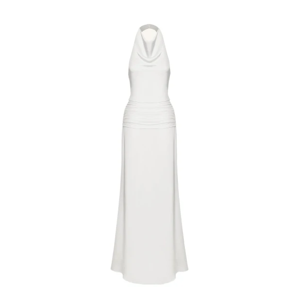 Satin Cowl Neck Ruched Maxi Gown in White