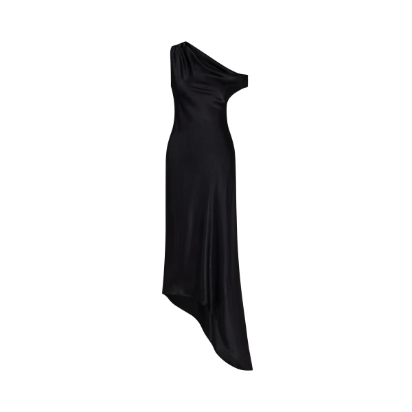 Satin Draped One-Shoulder Asymmetric Dress in Black