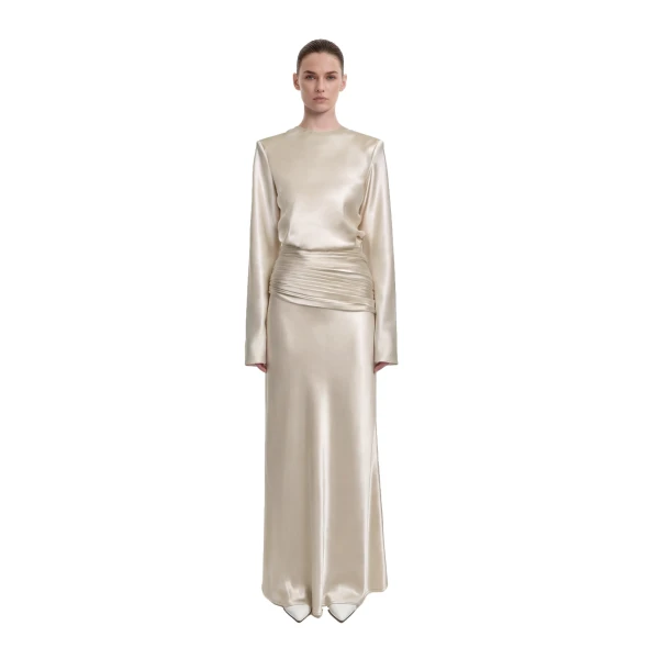 Satin-Feel Draped Maxi Skirt in Cream