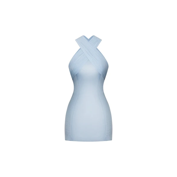 Satin Mini Dress with Tulle Cross-Halter in Blue