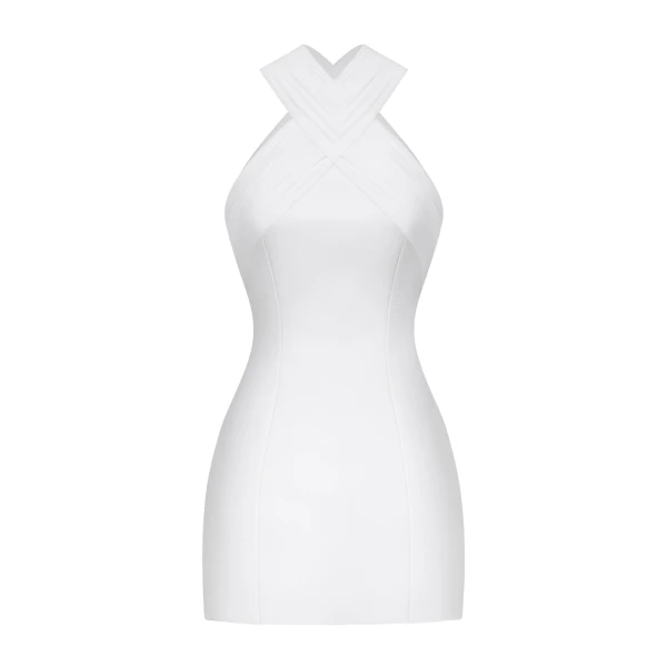 Satin Mini Dress with Tulle Cross-Halter in White
