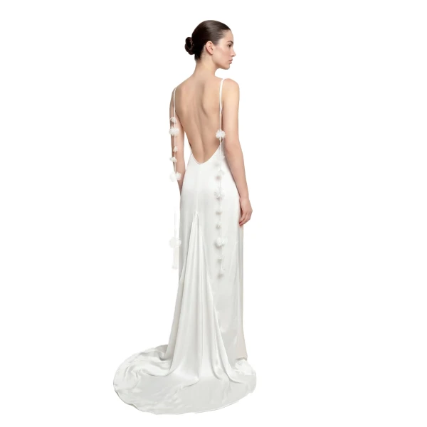 Satin Strappy Maxi Dress with Floral Streamers in White