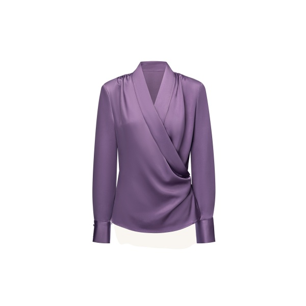JW PEI Satin Wrap V Neck Long Sleeve Blouse
