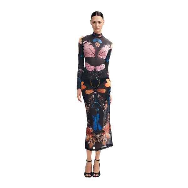 Sheer Butterfly and Beetle Gown in Multicolor