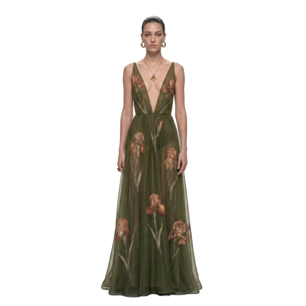 Sheer Floral Print Maxi Dress in Olive